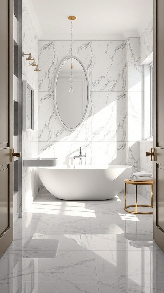 A modern bathroom featuring glossy marble tiles, a freestanding bathtub, and elegant fixtures.