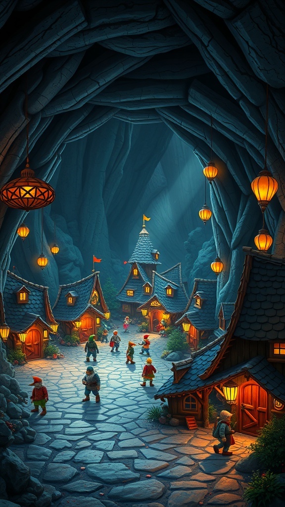 An underground gnome village with cozy homes, lanterns, and gnomes walking around.
