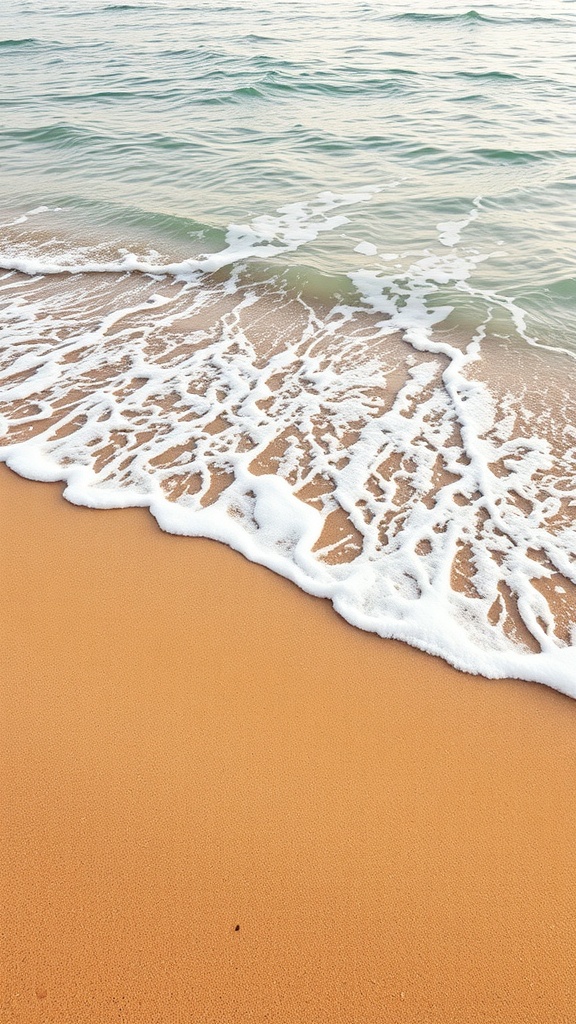 Golden sands with gentle waves lapping at the shore