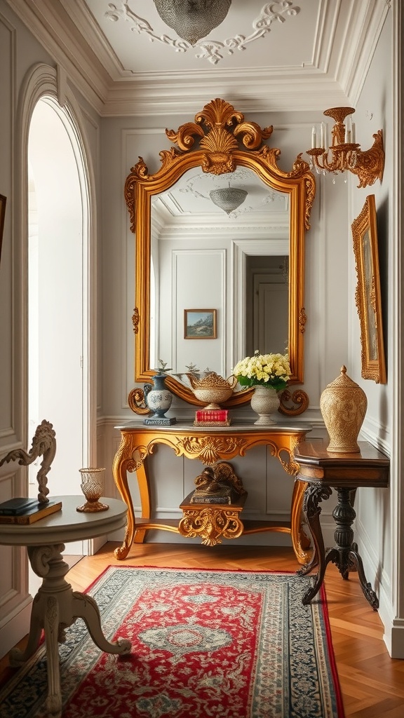 A vintage Rococo entryway featuring an ornate gold mirror, elegant furniture, and a cozy rug.
