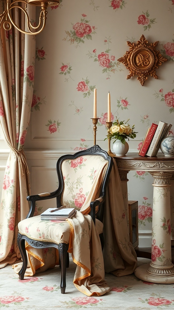 A vintage chair with floral fabric, draped with a throw, next to a small table with books and flowers, set against a floral wallpaper.