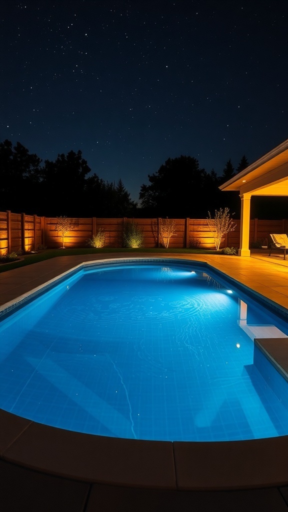 A beautifully lit above-ground pool at night, surrounded by trees and soft lighting.