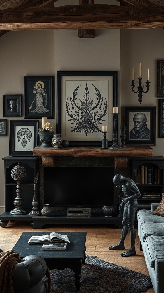 A dark rustic living room featuring gothic-inspired artwork and sculptures.