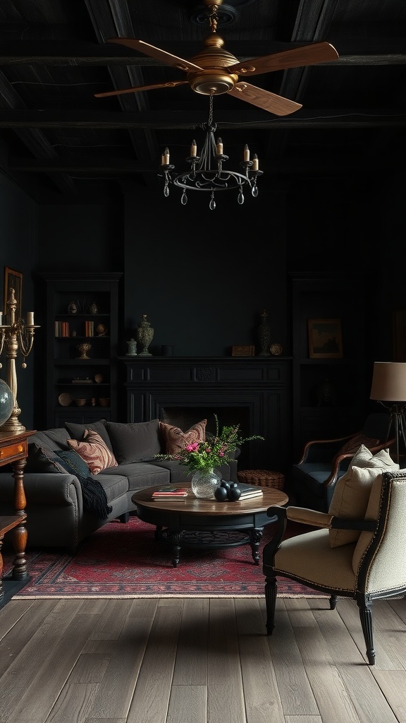 A cozy living room with dark walls, vintage furniture, and a warm atmosphere.
