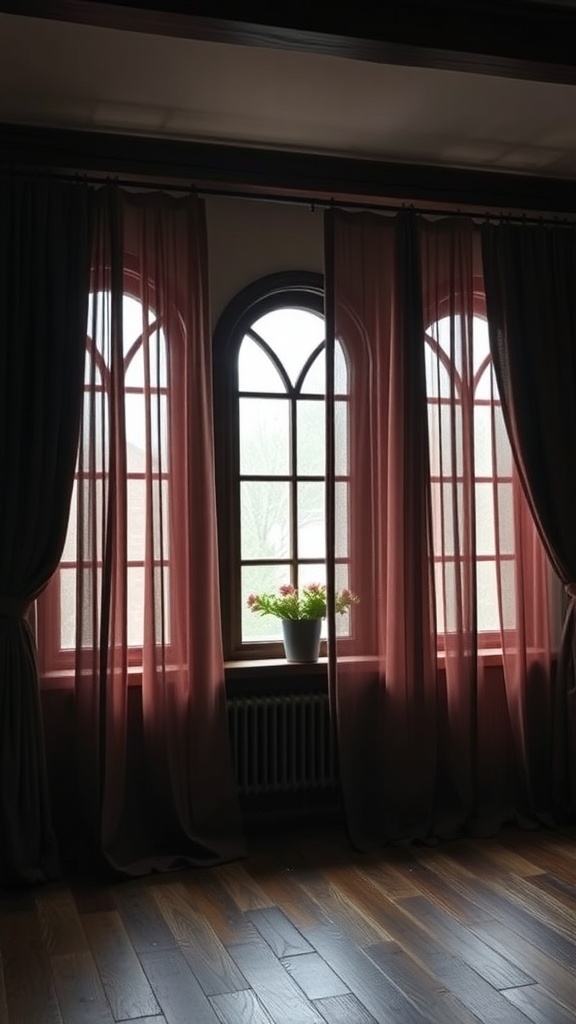 Gothic-inspired window treatments with sheer curtains and dark wooden frames.