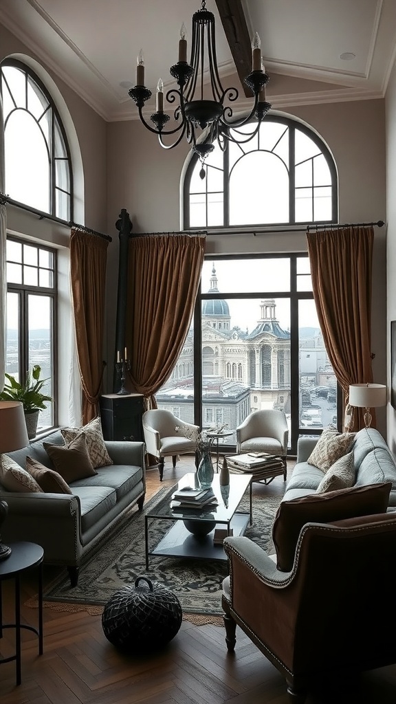 Ein elegantes Wohnzimmer im Gothic-Stil mit hohen Fenstern, schweren Vorhängen und einem Kronleuchter.
