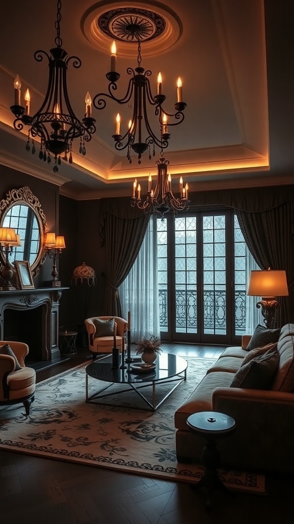 Ein elegantes Wohnzimmer mit Gothic-inspirierter Beleuchtung, Kronleuchtern und warmen Lichttönen.