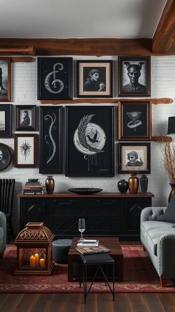A dark rustic living room featuring Gothic art and wall decor.