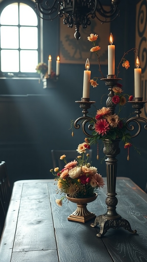 A gothic candelabra with candles and dried flowers on a wooden table.