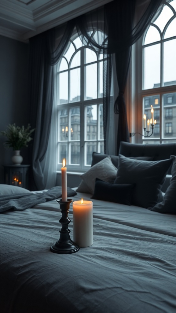 Gothic Kerzenanordnung in einem Schlafzimmer mit dunklen Vorhängen und einem gemütlichen Bett.