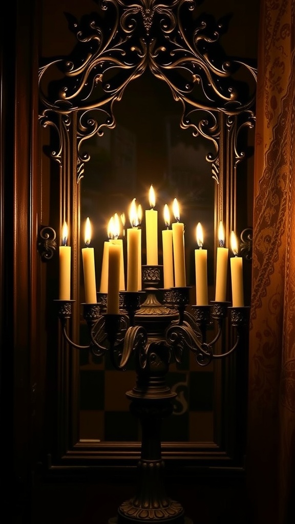 A gothic candle holder with multiple candles, set against a dark background.
