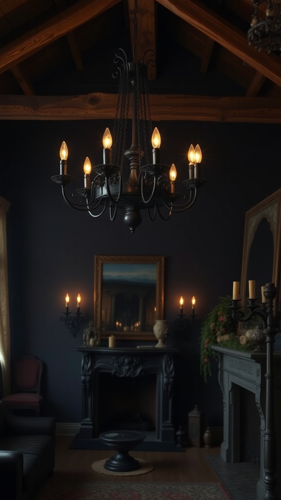 A gothic chandelier hanging in a dark rustic living room with a fireplace and elegant decor.
