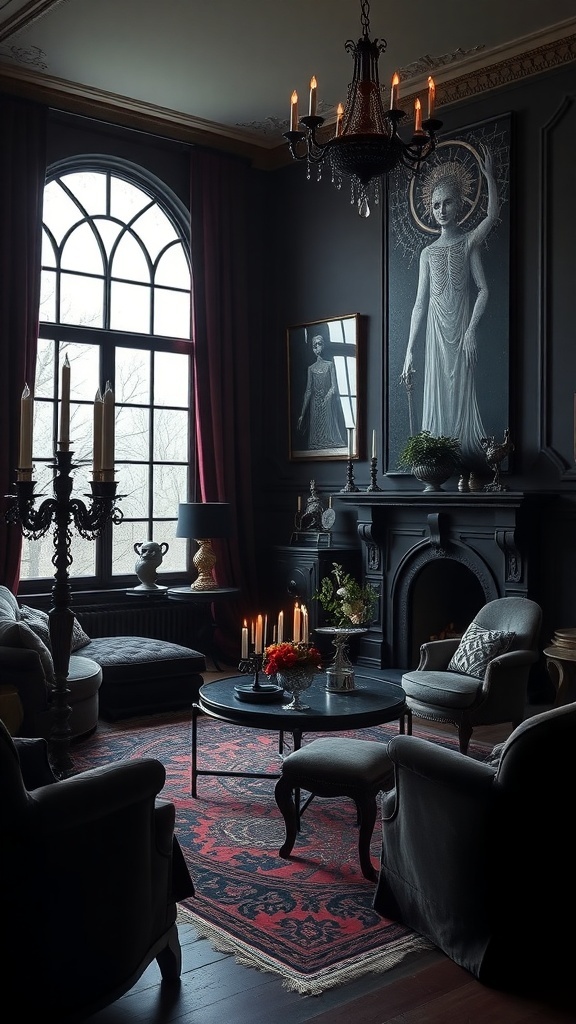 A Gothic-themed living room featuring dark walls, velvet accents, a chandelier, and candles.