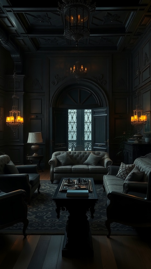 A Gothic inspired lounge featuring dark wood accents, plush seating, and elegant chandeliers, creating a cozy and mysterious atmosphere.