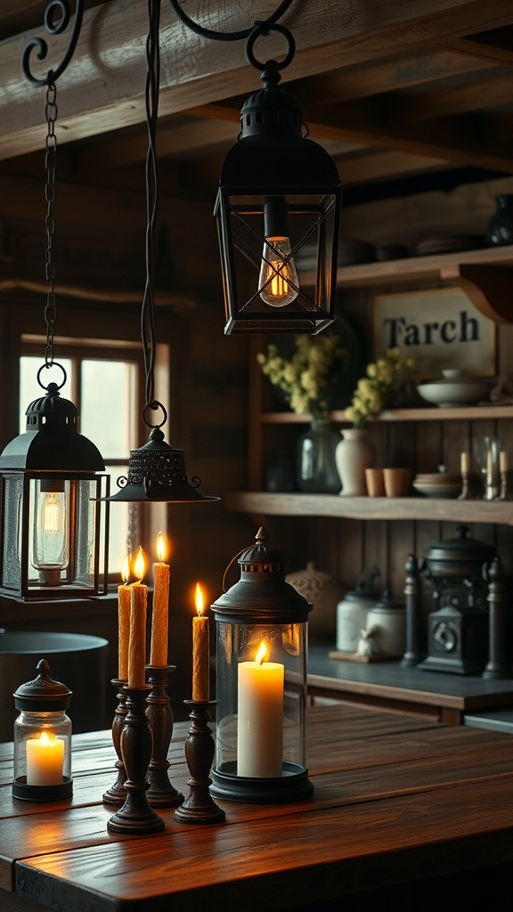 A cozy arrangement of gothic lanterns and candle holders on a wooden table, creating a warm atmosphere.