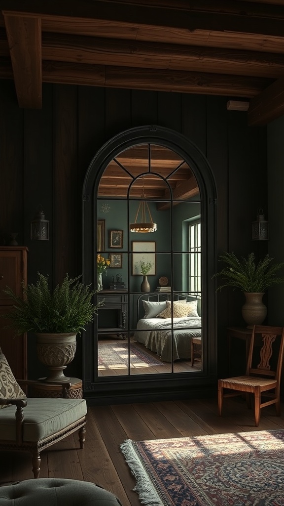 A gothic mirror reflecting a cozy dark rustic living room with plants and a bed in the background.