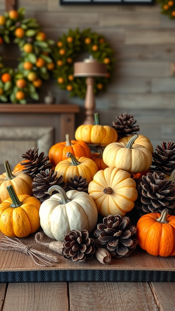 A decorative arrangement of various gourds and pinecones on a wooden surface.
