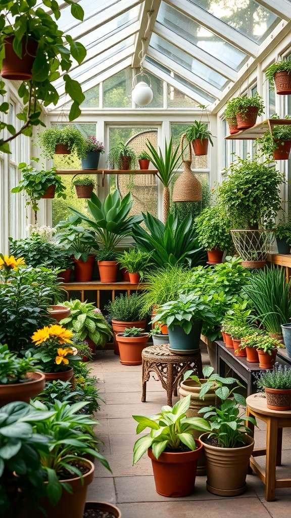 A cozy conservatory filled with various potted herbs and plants, showcasing a vibrant and inviting atmosphere.