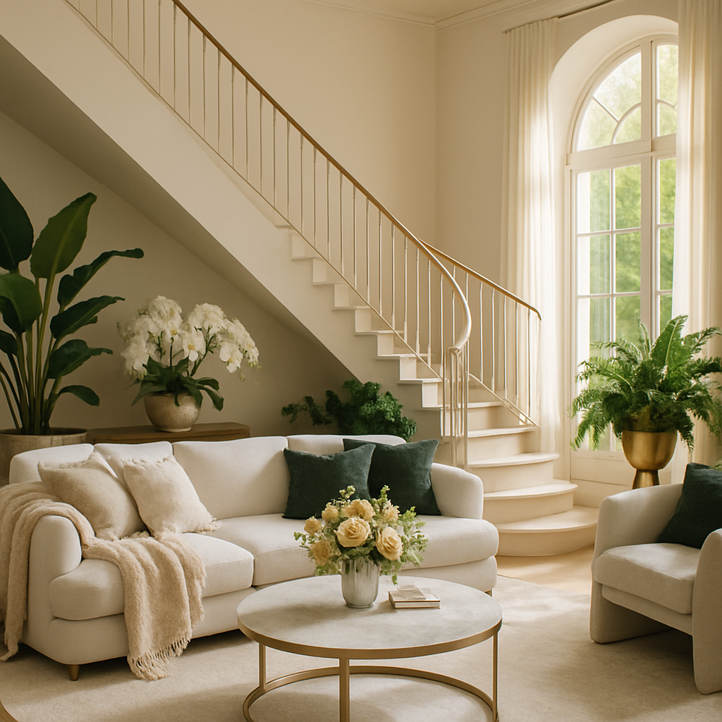 Ein stilvoller Wohnraum mit Pflanzen und Blumen, der eine elegante Atmosphäre schafft.
