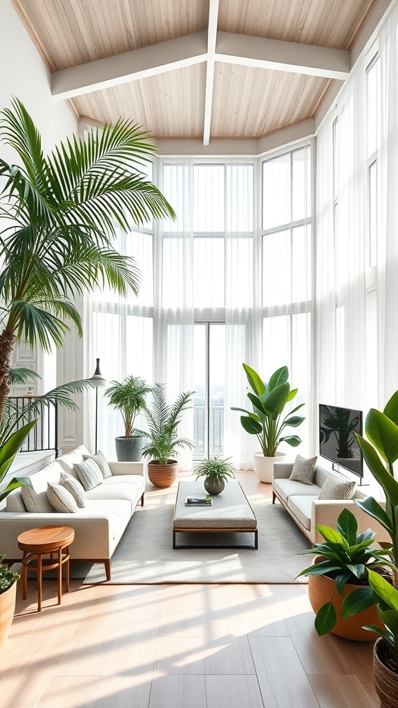 Helles Wohnzimmer mit großen Zimmerpflanzen und minimalistischer Einrichtung