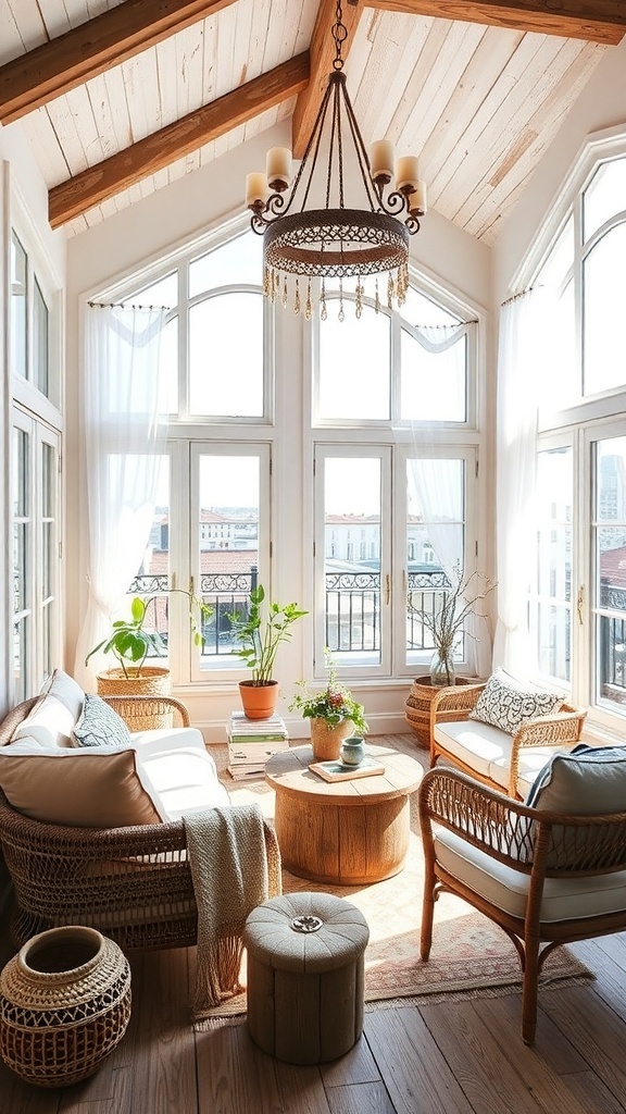 Helle Innenecke mit vielen Pflanzen und Rattanmöbeln