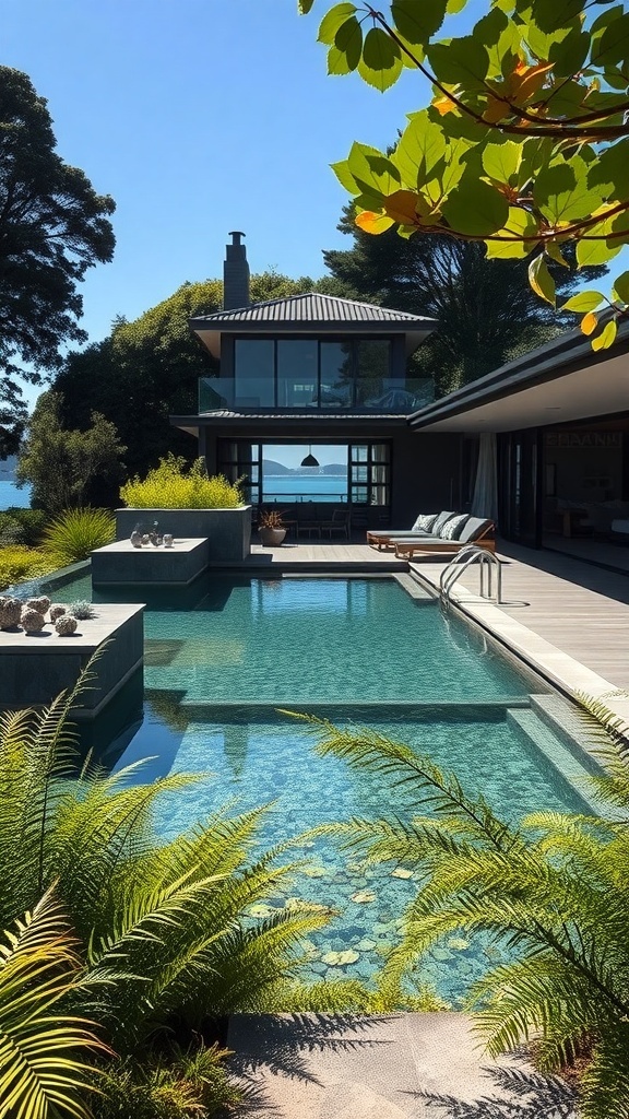 Ein moderner Pool umgeben von üppigem Grün in Neuseeland