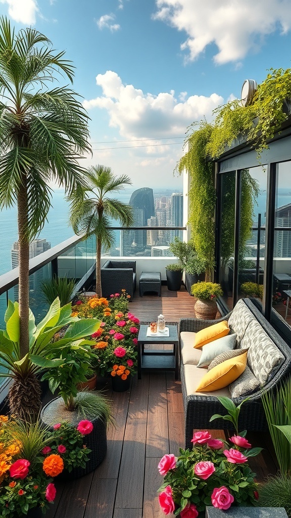 Eine Dachterrasse mit verschiedenen Pflanzen und bunten Blumen, gemütlichen Sitzgelegenheiten und Blick auf die Stadt.