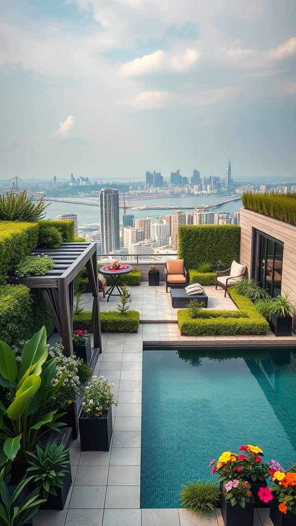 Luxuriöse Dachterrasse mit Pflanzen, Pool und Blick auf die Stadt