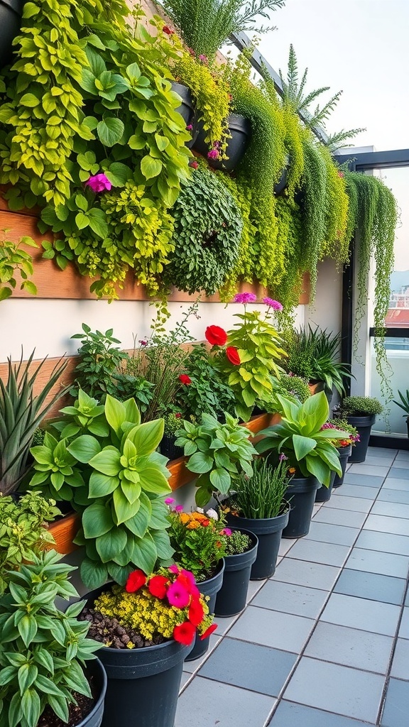Vertikaler Garten auf einer Dachterrasse mit verschiedenen Pflanzen in Töpfen.