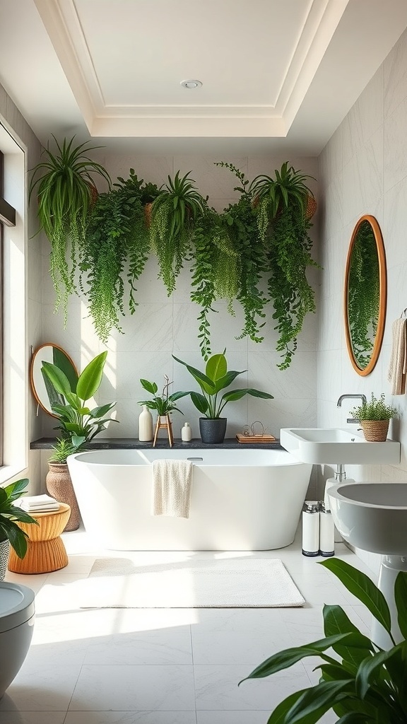 Luxuriöses Badezimmer mit vielen grünen Pflanzen, die eine entspannende Atmosphäre schaffen.