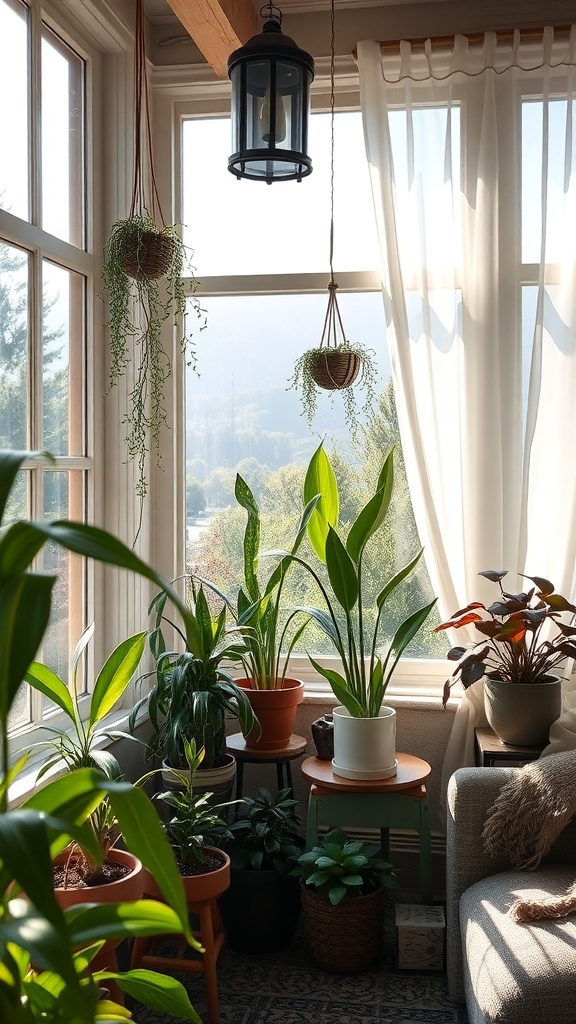 Ein helles Wohnzimmer mit verschiedenen grünen Pflanzen, die eine lebendige Atmosphäre schaffen.