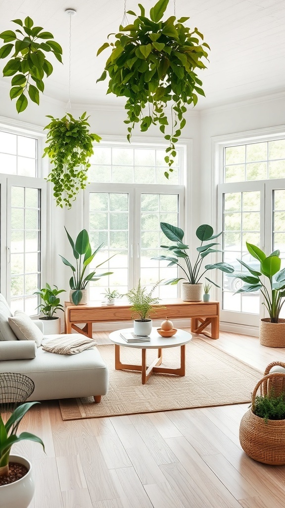Helles Wohnzimmer mit vielen grünen Pflanzen und großen Fenstern