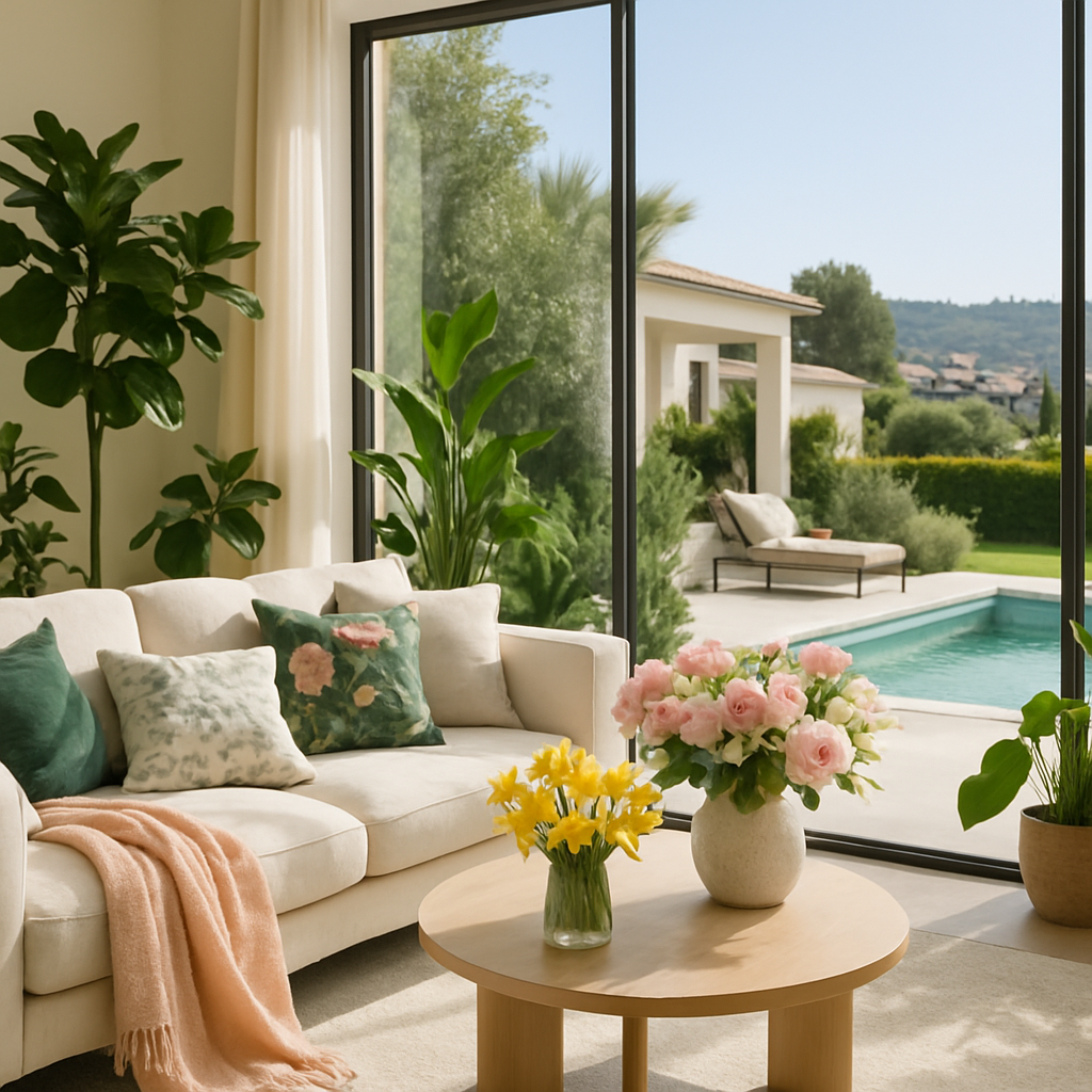 Helle Wohnlandschaft mit Pflanzen und Blumen, die eine frische Atmosphäre schaffen.