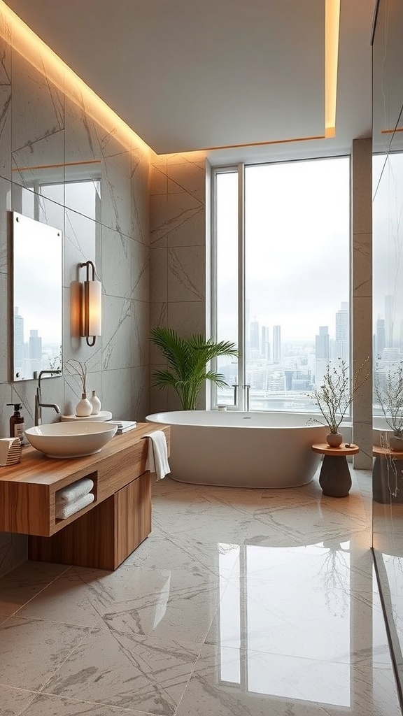 Luxuriöses Spa-Badezimmer mit grünen Pflanzen und Blick auf die Landschaft
