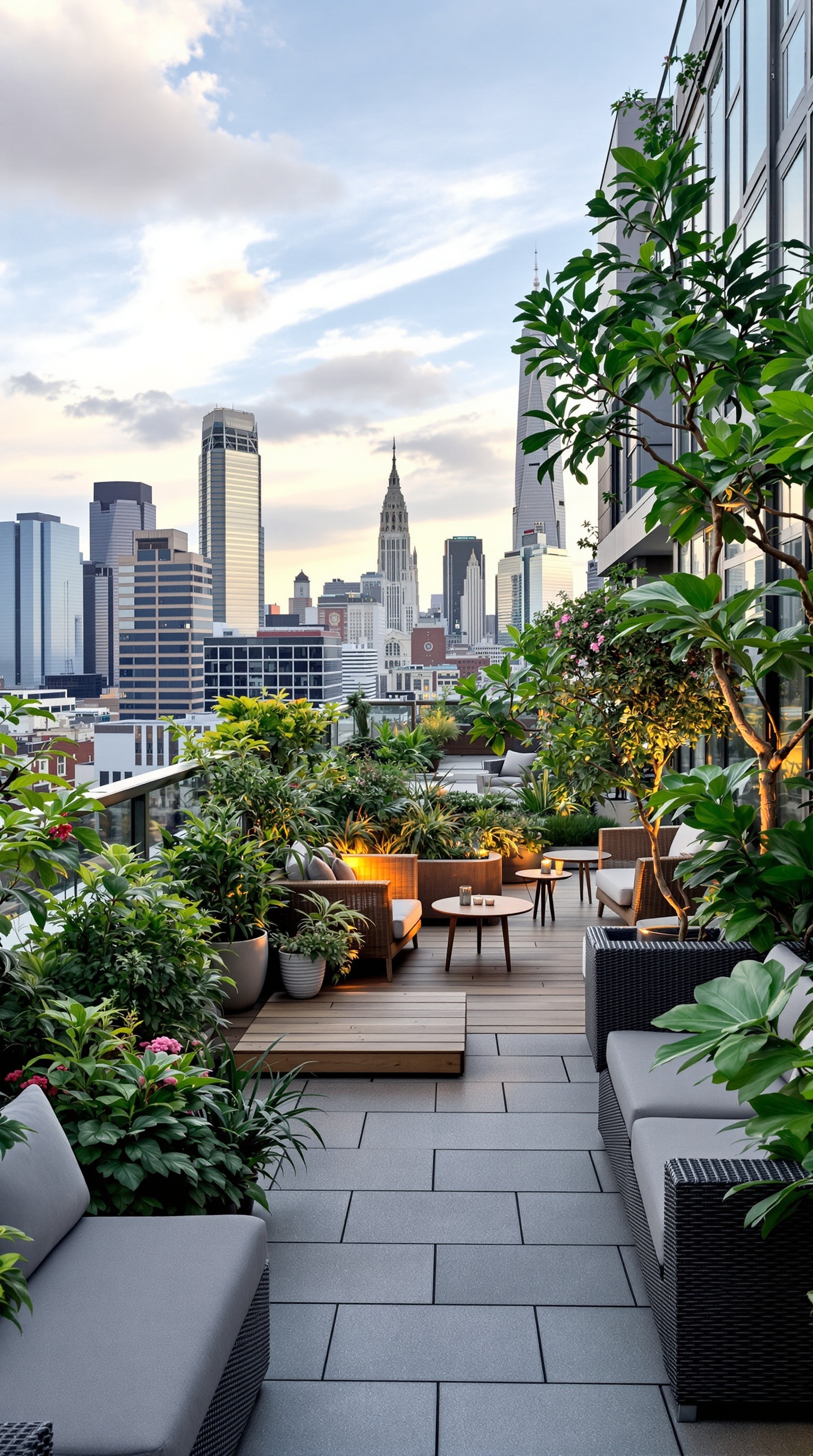 Dachterrasse mit Pool und Pflanzen, Blick auf die Stadt