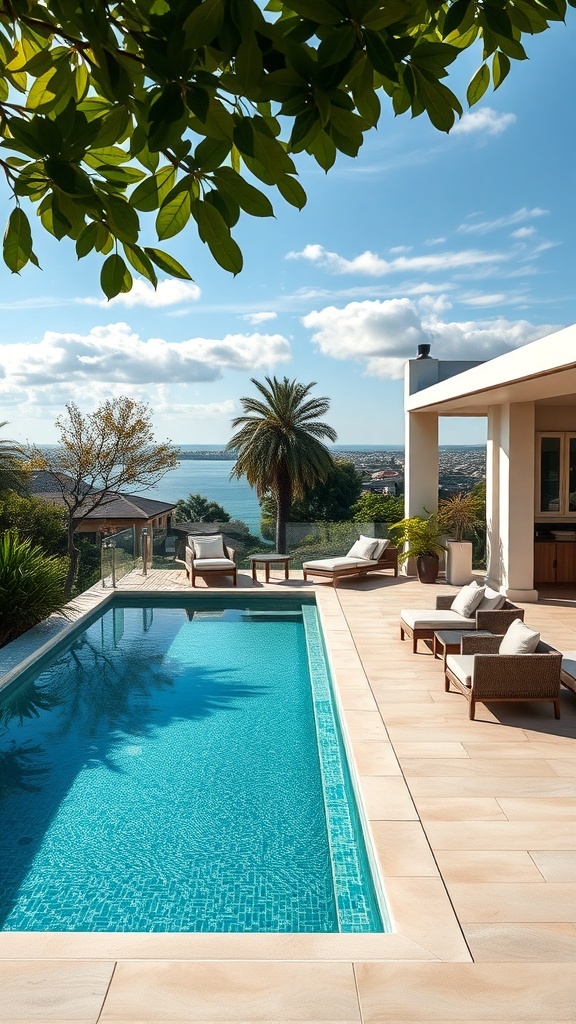 Ein moderner Pool mit einer Terrasse und Blick auf das Meer, umgeben von Pflanzen.