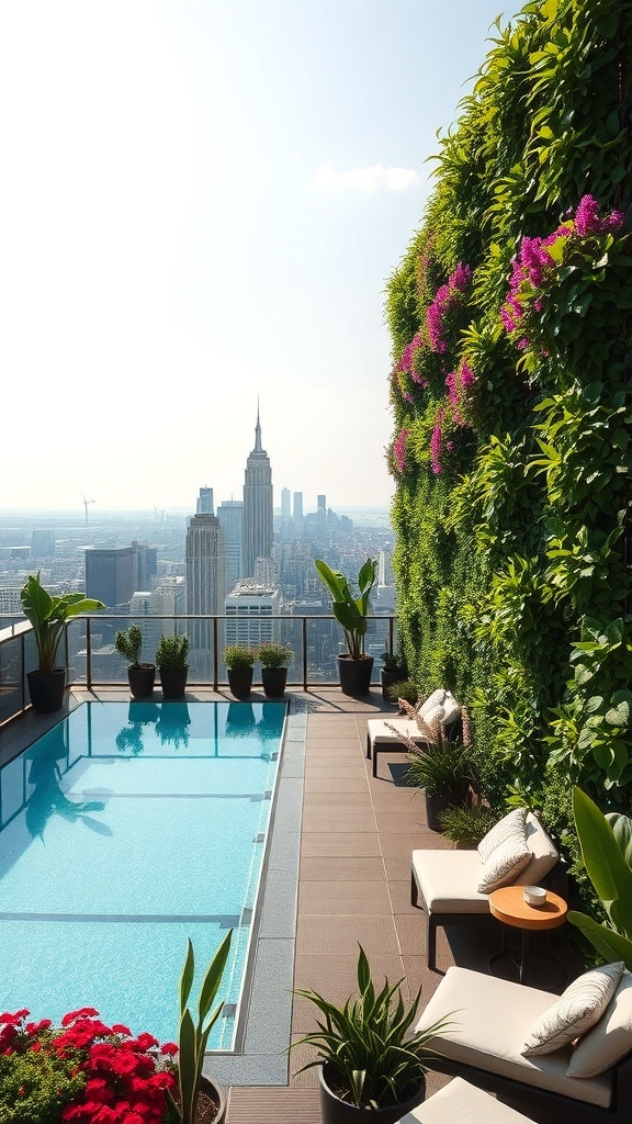 Dachterrasse mit Pool und grünen Wänden, Blick auf die Stadt