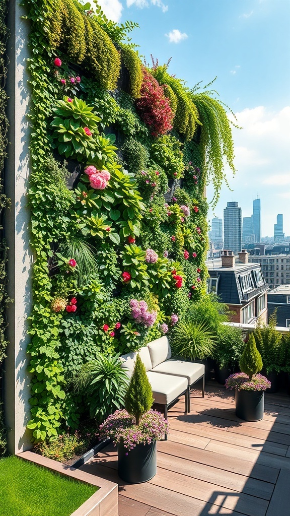 Ein vertikaler Garten mit bunten Pflanzen auf einer Dachterrasse in der Stadt