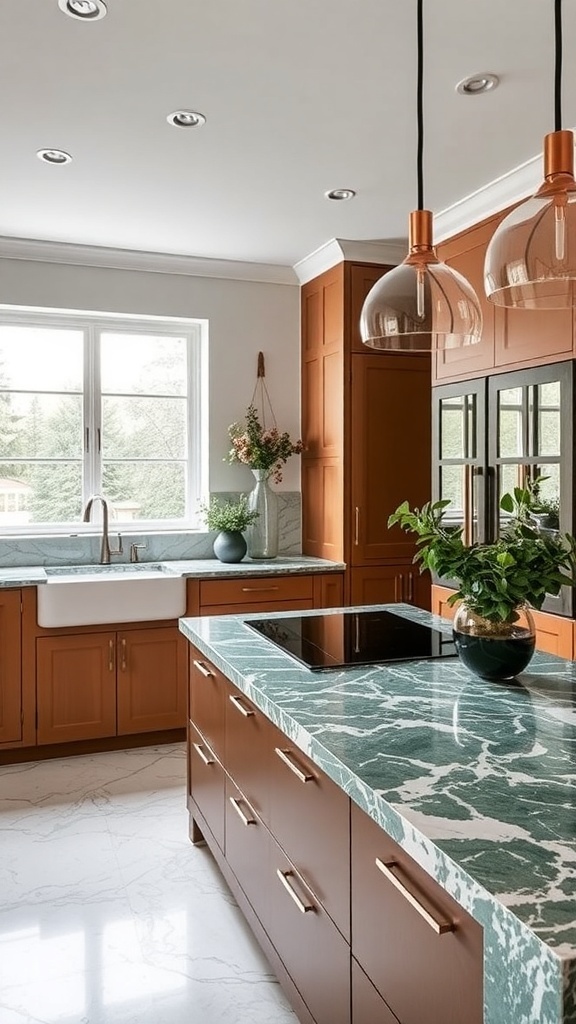 Moderne Küche mit grüner Marmorarbeitsplatte und Holzschränken