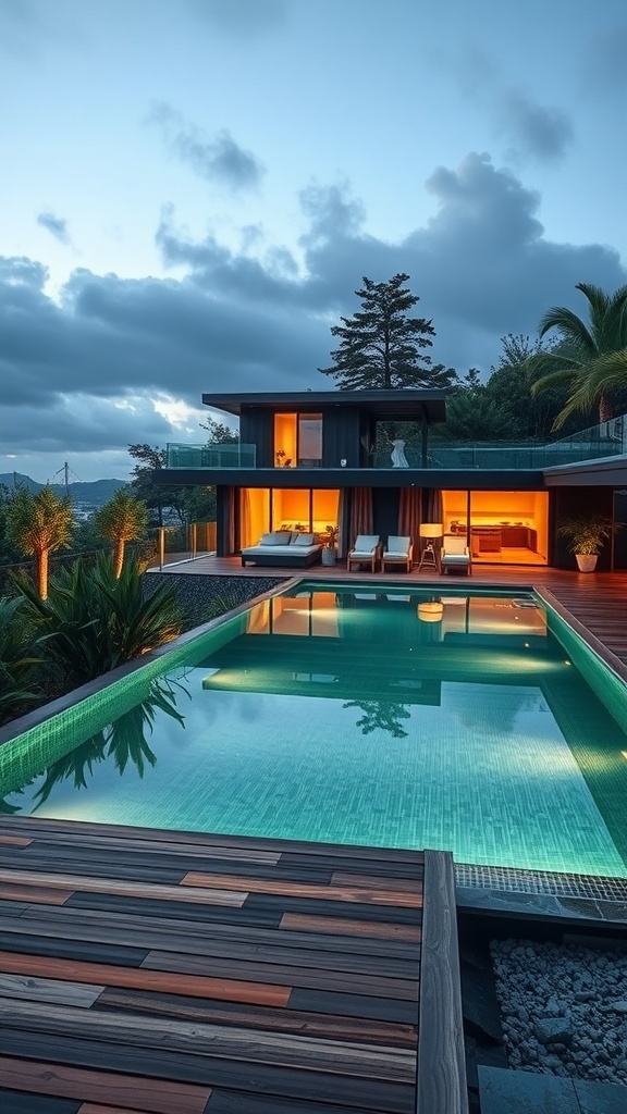 Modernes Haus mit grünem Pool und Holzterrasse bei Abendbeleuchtung