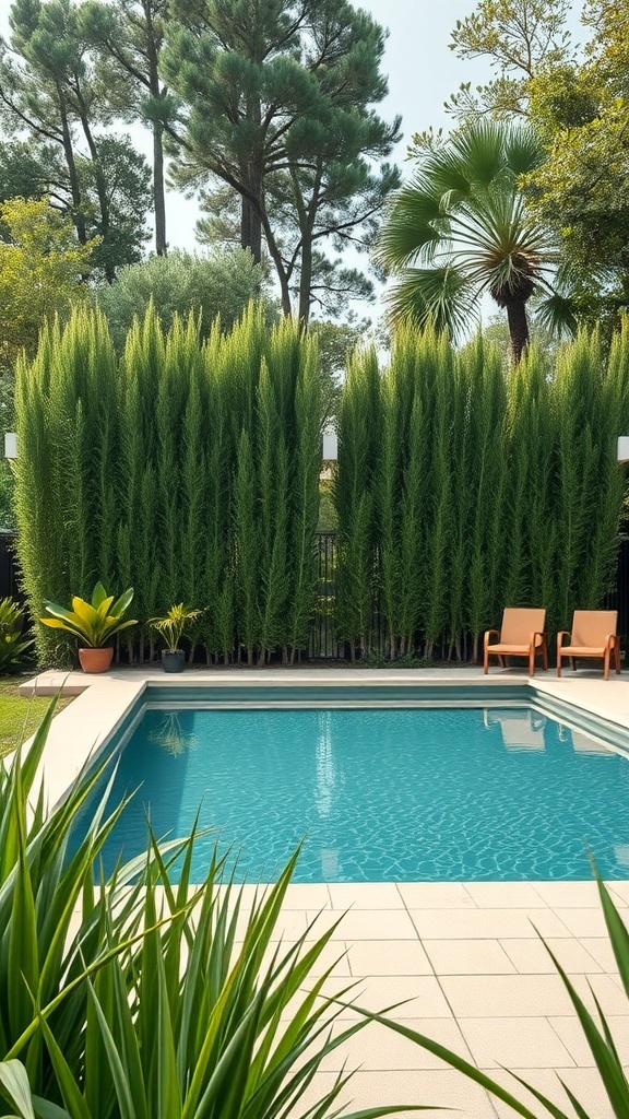 Ein Poolbereich mit grünem Sichtschutz aus hohen Pflanzen, umgeben von weiteren Pflanzen und Liegen.