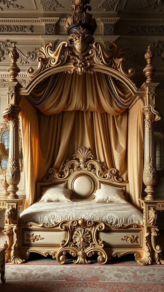 A grand canopy bed with ornate carvings and luxurious golden drapery.