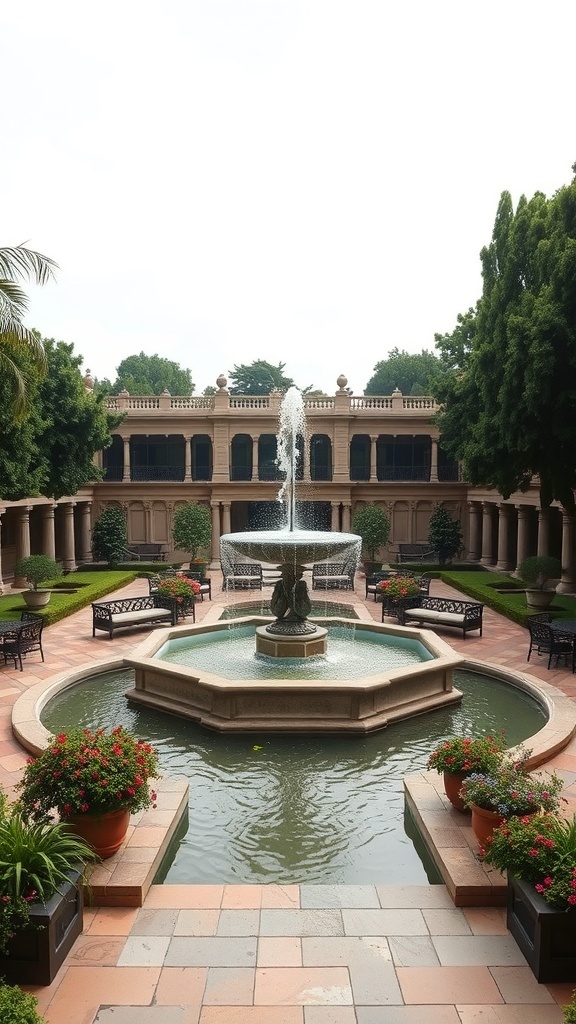 A grand courtyard fountain with multiple tiers, surrounded by greenery and seating areas under a clear blue sky.