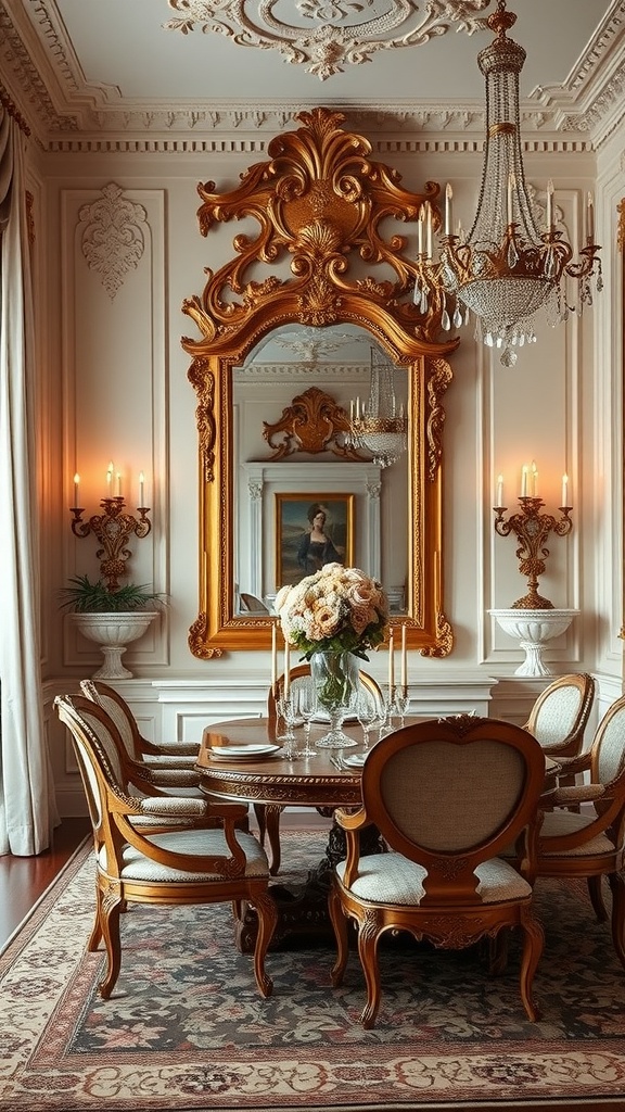 A grand dining room featuring an ornate gold mirror, chandelier, and elegant furnishings.