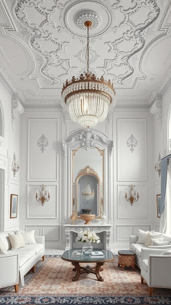 Luxuriöses Wohnzimmer mit einem großen Kronleuchter und eleganter Einrichtung