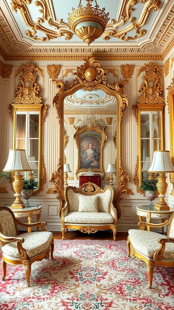 A lavish Rococo interior featuring ornate mirrors and elegant furnishings.