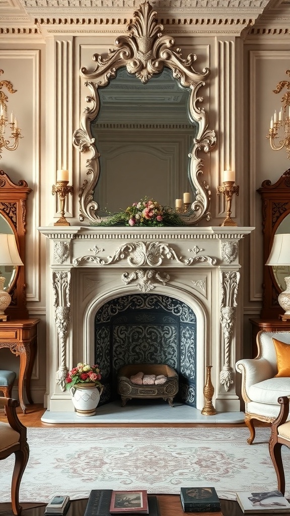 A grand Rococo fireplace with an ornate mantel and mirror, decorated with flowers and candles.