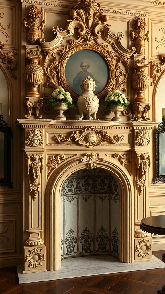 A grand Rococo fireplace with intricate carvings, a portrait, and decorative vases.