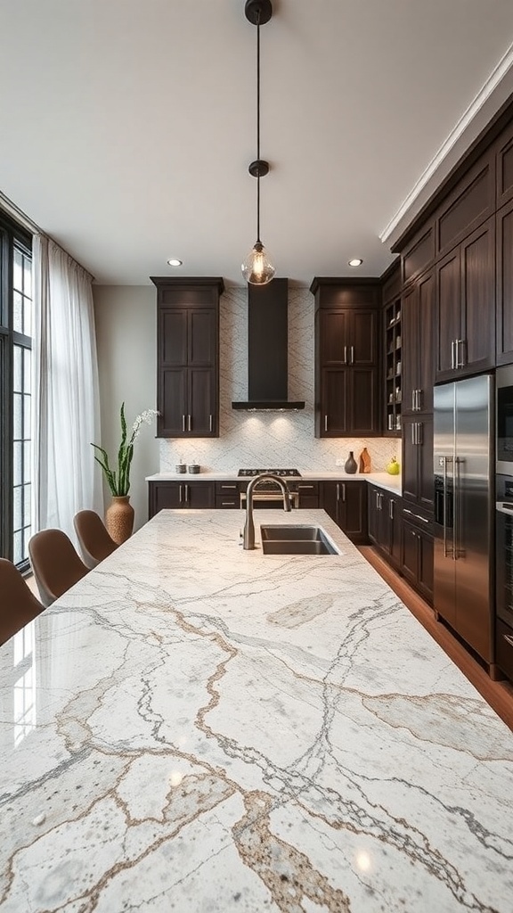 A modern kitchen featuring a granite countertop with unique patterns, dark cabinetry, and stylish lighting.