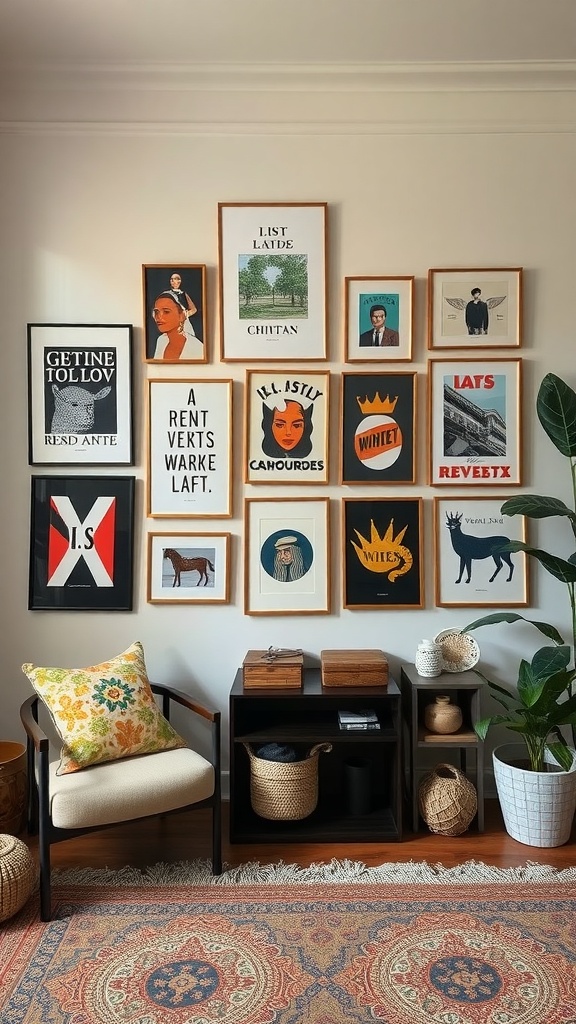 A wall with various framed graphic art and vintage portraits, featuring a cozy chair and decorative elements.